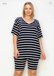 36 SET-G {Final Countdown} Navy Striped Short Set PLUS SIZE 1X 2X 3X 4X 5X