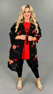 OT-A {Overcome The Day} Black Floral Long Cardigan W/ Fringe