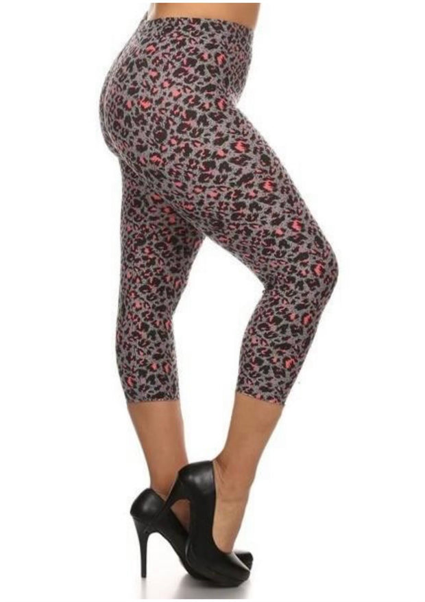 BT-99 {Watch Me Leave) Gray/Pink Leopard Butter Soft Capri Leggings  PLUS SIZE