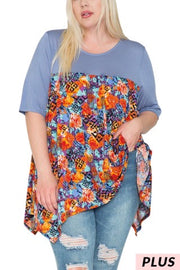 92 CP-I {Style Is Forever} Blue/Orange Floral Print Top PLUS SIZE XL 2X 3X