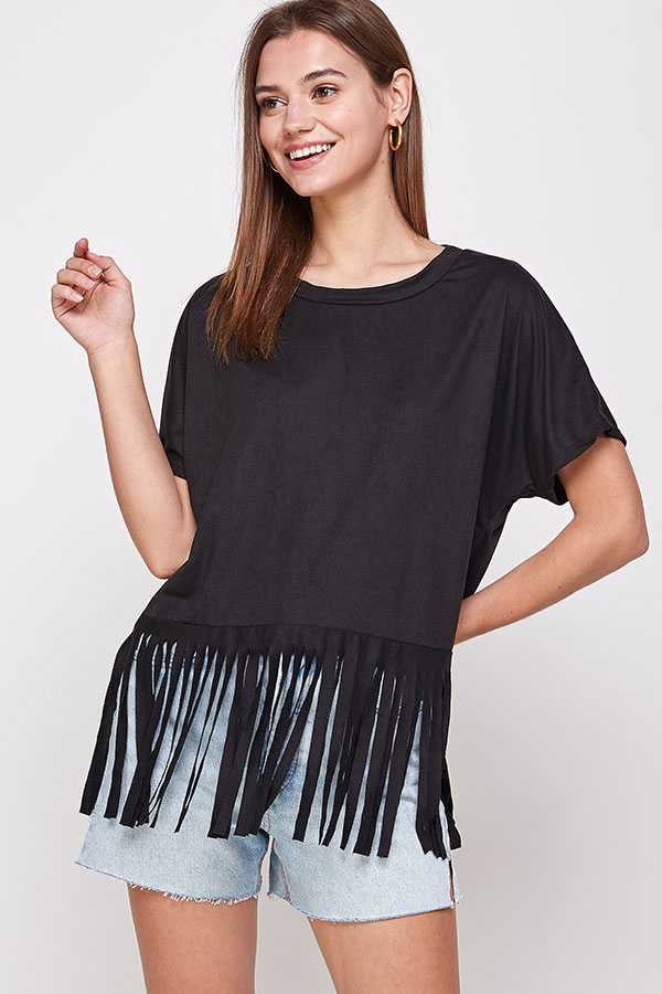 75 SSS-Y {Living On The Fringe} Black Fringe Hem Top PLUS SIZE XL 2X 3X