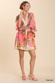 95 OT-S {Pure Feeling} Umgee Pink/Orange Floral Kimono PLUS SIZE XL 1X 2X