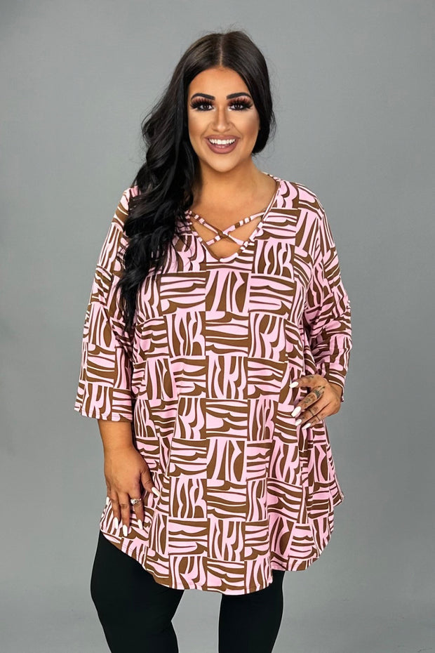 63 PSS {Every Which Way} Pink/Brown Print Criss-Cross Top CURVY BRAND!!! EXTENDED PLUS SIZE 3X 4X 5X