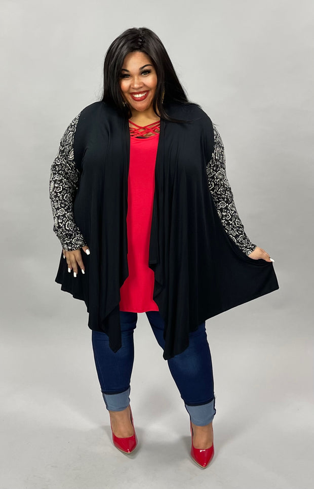 26 OT-C {Hidden Agenda} Black Cardigan W/Printed Sleeves PLUS SIZE 1X 2X 3X
