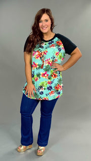 PSS-C {Tropical Breeze} Aqua Floral Print Top with Navy Sleeves