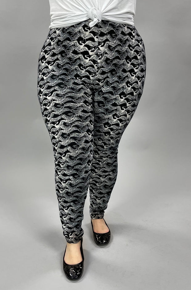 LEG-21 {Swan Lake} Swan Printed Black Leggings EXTENDED PLUS SIZE