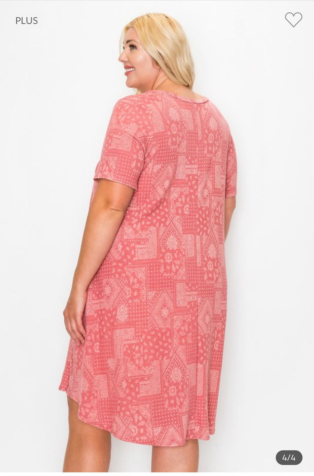 34 PSS- G {Easy To See} Dusty Red Paisley V-Neck Dress EXTENDED PLUS SIZE 3X 4X 5X