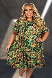 89 PSS {Party Day} Green Orange Paisley Tiered Dress EXTENDED PLUS SIZE 3X 4X 5X