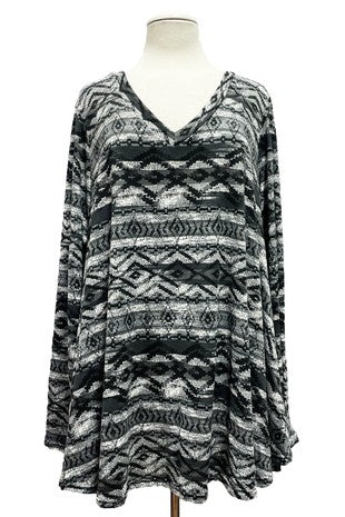 19 PLS {Just For Me} Grey/Black Tribal Print V-Neck Top EXTENDED PLUS SIZE 3X 4X 5X