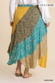 BT-M {Inner Goddess} Umgee Gold/Green Floral Print Skirt PLUS SIZE XL 1X 2X