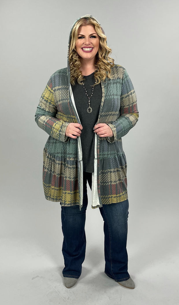 19 OR 35 OT-C {Piece Of Pie} Teal/Gray Tiered Cardigan W/Hood PLUS SIZE 1X 2X 3X