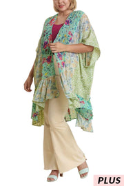 35 OT-K {Look Ahead} Umgee Mint Multi-Print Kimono PLUS SIZE XL/1X  1X/2X