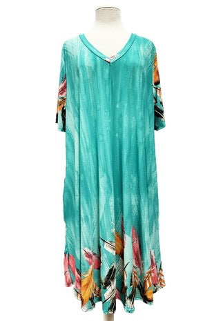 33 PSS-D {Touch Of Feathers} Mint Feather Print V-Neck Dress EXTENDED 3X 4X 5X