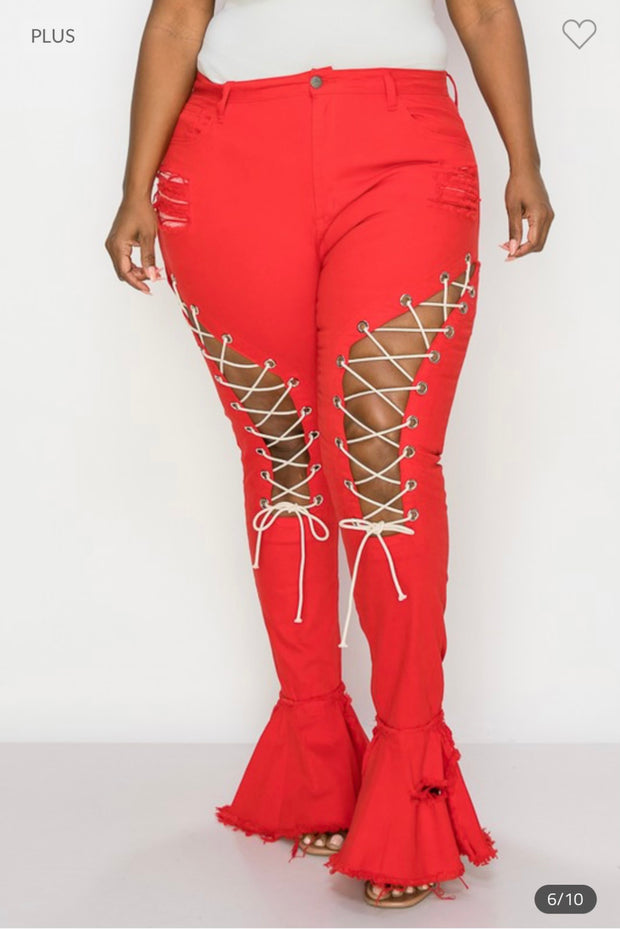 Leg-48 {The Map}  Red Front Lace Up Distressed Pants PLUS SIZE 1X 2X 3X