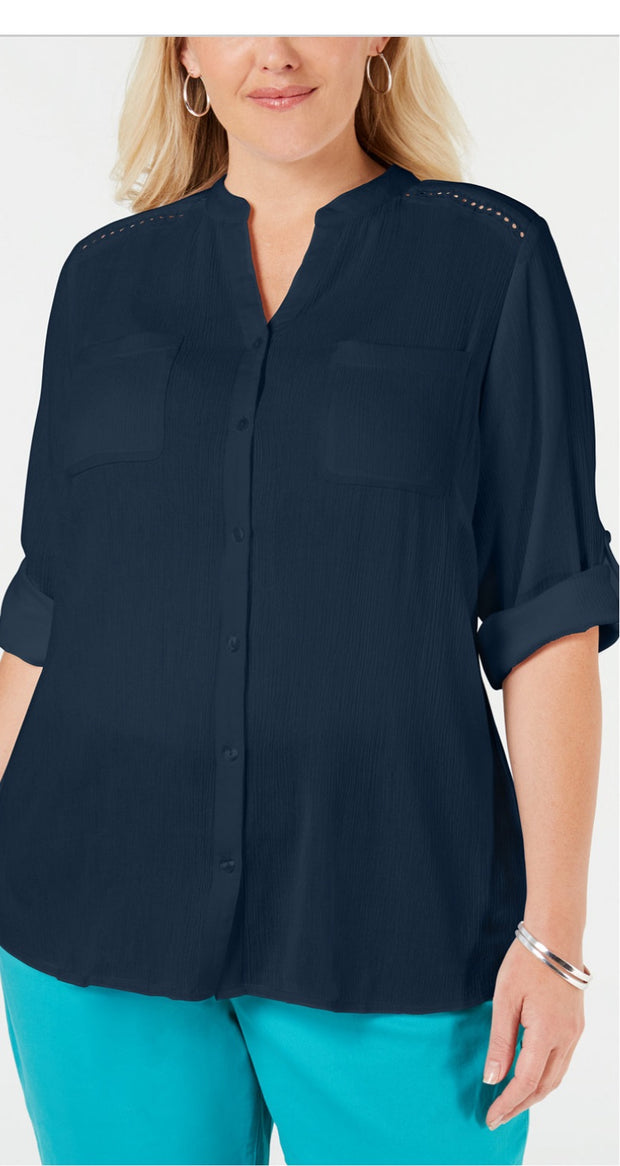 SD-A  M-109 {Charter Club} Navy Eyelet Trim Blouse Retail $69.50