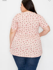 52 PSS-Z {Return To Love} Pink/Red Floral Print Babydoll Top PLUS SIZE XL 2X 3X