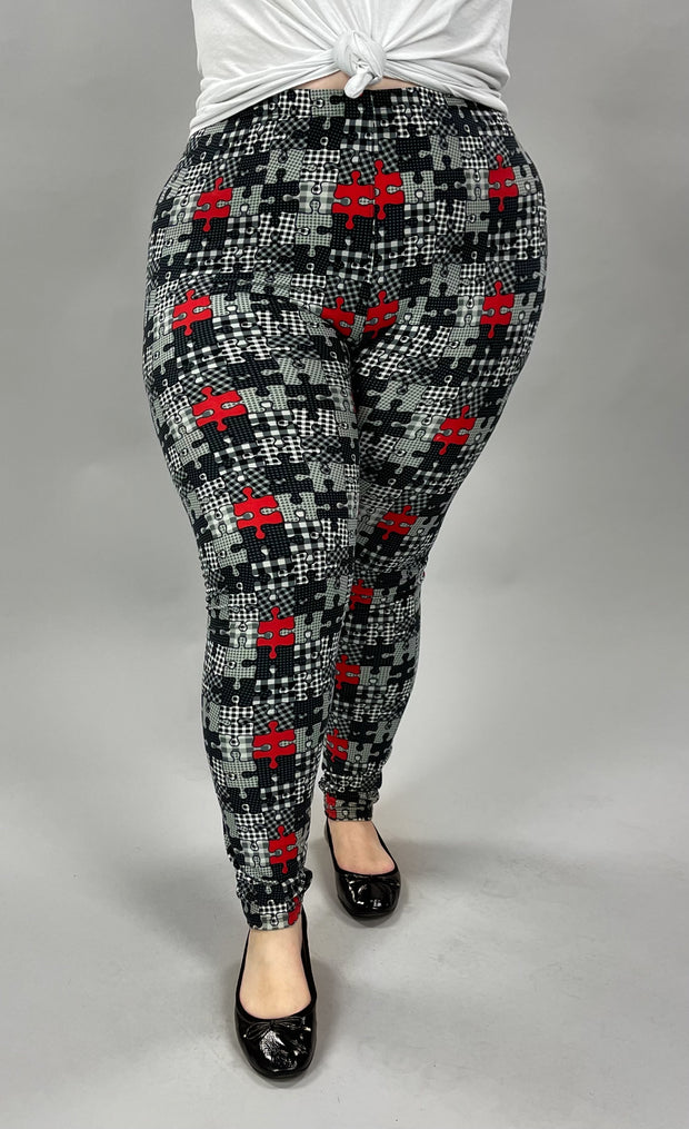 LEG-34 {Puzzled} Gray/Red Puzzle Print Leggings EXTENDED PLUS SIZE 3X/5X