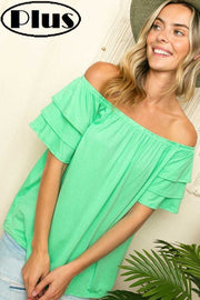 76 OS-B {Here For You} Mint Off Shoulder Ruffle Sleeve Top PLUS SIZE 1X 2X 3X