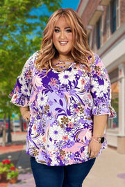 56 PQ-E {Good Days Ahead} Lilac Floral Caged Neck Tunic CURVY BRAND!!!  EXTENDED PLUS SIZE 4X 5X 6X