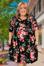 76 PSS-B {Light In The Dark} Black Floral V-Neck Dress PLUS SIZE 3X 4X 5X