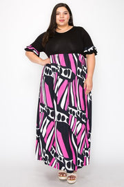 LD-M {Forever Stunning} Black/Fuchsia Print Maxi Dress EXTENDED PLUS SIZE 3X 4X 5X