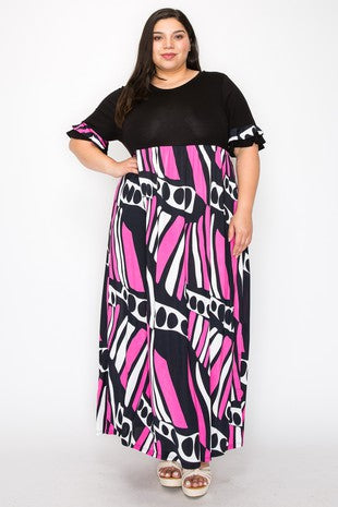LD-M {Forever Stunning} Black/Fuchsia Print Maxi Dress EXTENDED PLUS SIZE 3X 4X 5X