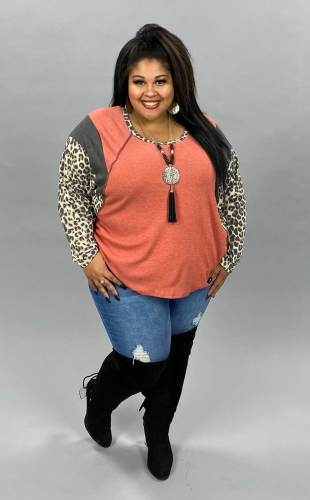 CP-G {Every Adventure} ***FLASH SALE***Orange Grey Leopard Waffle Knit Top PLUS SIZE XL 2X 3X 4X 5X 6X