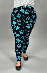 BIN-99 {Blue Paws}  Black Leggings w/Blue Printed Paws EXTENDED PLUS SIZE