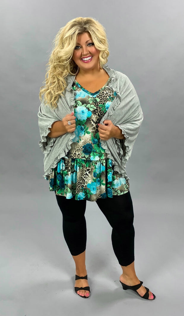OT-H{Shrug Your Shoulders) Heather Gray Cardigan With Tiny Ruffle Edge PLUS SIZE 1X 2X 3X