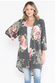 45 OT-A {You & I} Charcoal Floral/Leopard Print Cardigan Plus Size 1X 2X 3X