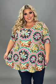 28 PSS {Pinwheel Attraction} Mint/Pink/Navy Print V-Neck Top EXTENDED PLUS SIZE 4X 5X 6X