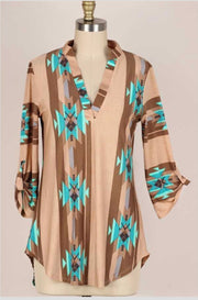 31 PQ-A {By The Way} Taupe Aztec Print Tunic PLUS SIZE 1X 2X 3X