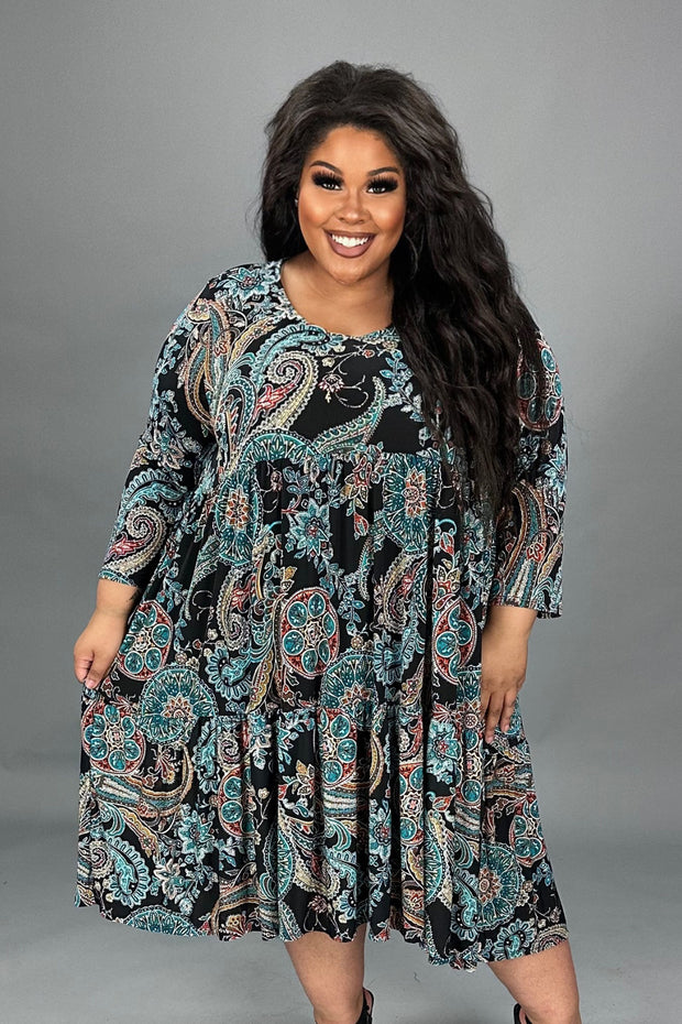 11 PQ {Sights To See} Teal/Black Mandala Paisley Tiered Dress EXTENDED PLUS SIZE 3X 4X 5X