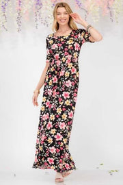 LD-V {Floating Garden} Black Floral Babydoll Maxi Dress PLUS SIZE 1X 2X 3X