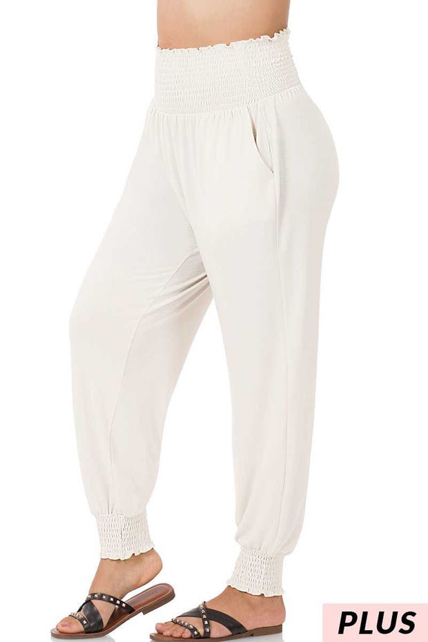 LEG-57 {Fast and Fun} Bone Smocked Waist Jogger Pant  PLUS SIZE 1X 2X 3X