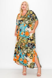 LD-P {Girl Talk} Olive Print V-Neck Maxi Dress EXTENDED PLUS SIZE 3X 4X 5X