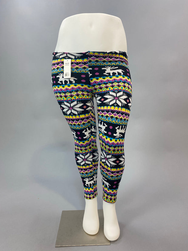 BT-99 Elderberry/Daisy Reindeer Printed  Fleece Lined Leggings SALE!!!   (runs small!) PLUS SIZE