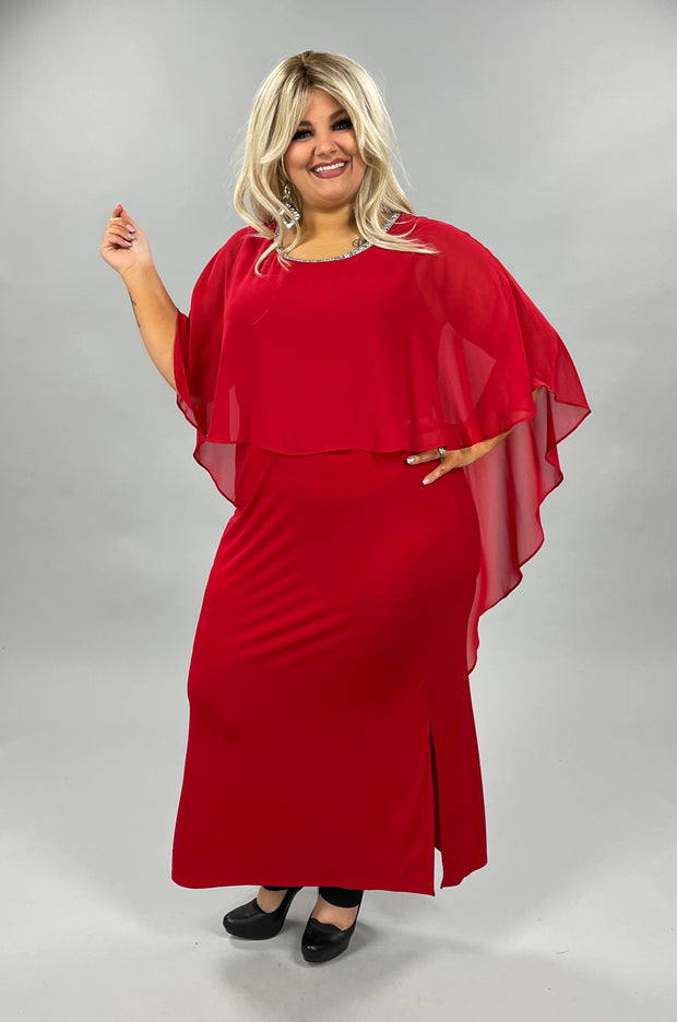 LD-A {Dazzled Up} Red Long Dress W/Sheer Overlay PLUS SIZE 16W