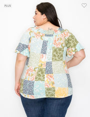 52 PSS-A {Anticipating Love} Multi-Color Print Smocked Neck Top PLUS SIZE XL 2X 3X