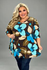47 PSS {Waiting On Your Call} Brown/Blue Floral V-Neck Top EXTENDED PLUS SIZE 3X 4X 5X