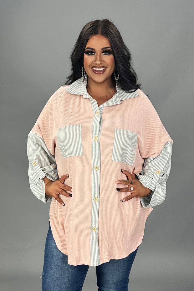 26 CP {Seen Differently} Blush Ribbed Top w/Stripes PLUS SIZE XL 2X 3X