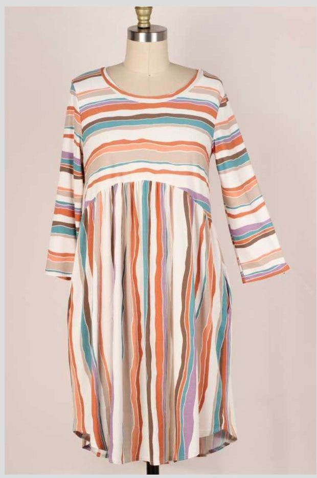 36 PQ-C {My Fav} Beige Striped Babydoll Dress PLUS SIZE 1X 2X 3X