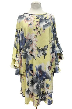 23 PSS-G {Missing You} Yellow Floral Ruffle Sleeve Tunic  PLUS SIZE 3X 4X 5X