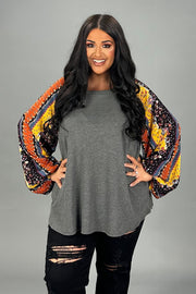 26 CP {Savor The Feeling} Charcoal Top w/Floral Sleeves PLUS SIZE 1X 2X 3X