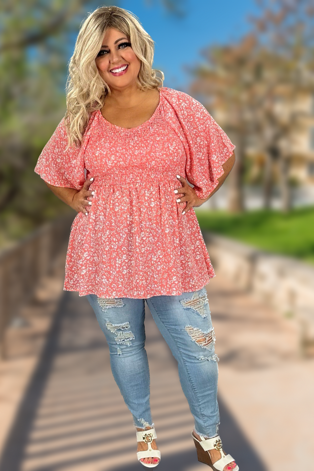 32 PSS-G {Good Things Are Here} Peach Floral Smocked Top PLUS SIZE XL 2X 3X