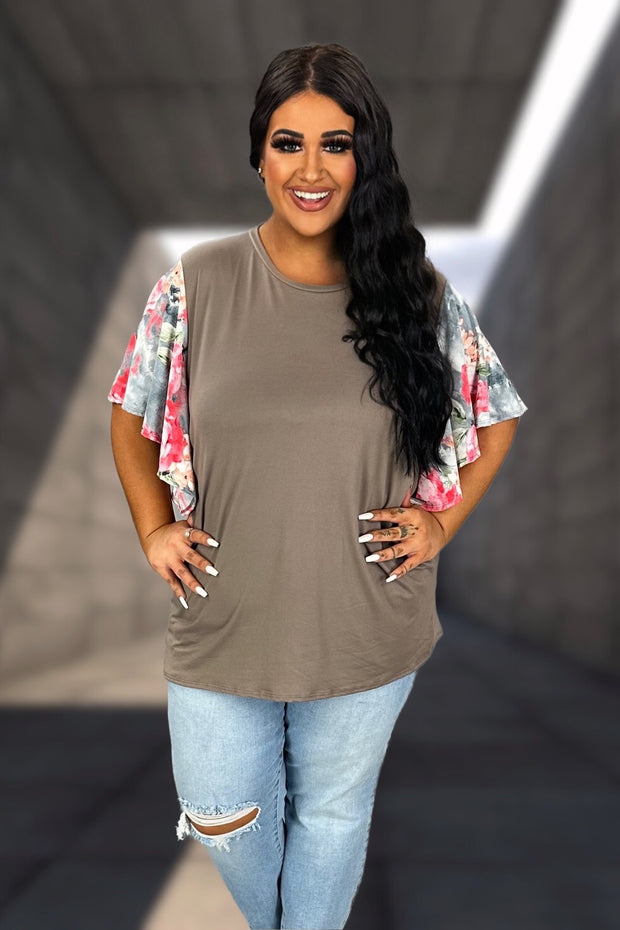 55 CP {No Trouble Here} Taupe Top w/Floral Sleeves PLUS SIZE 1X 2X 3X