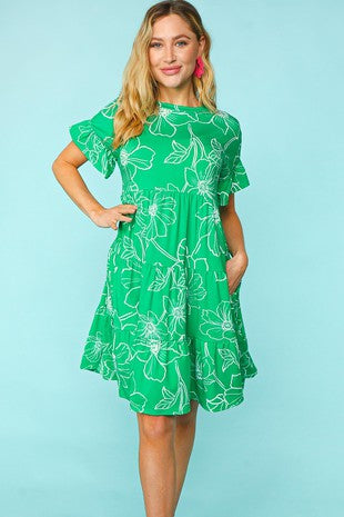 56 PSS {For Someone Special} Emerald/White Floral Tiered Dress PLUS SIZE XL 2X 3X
