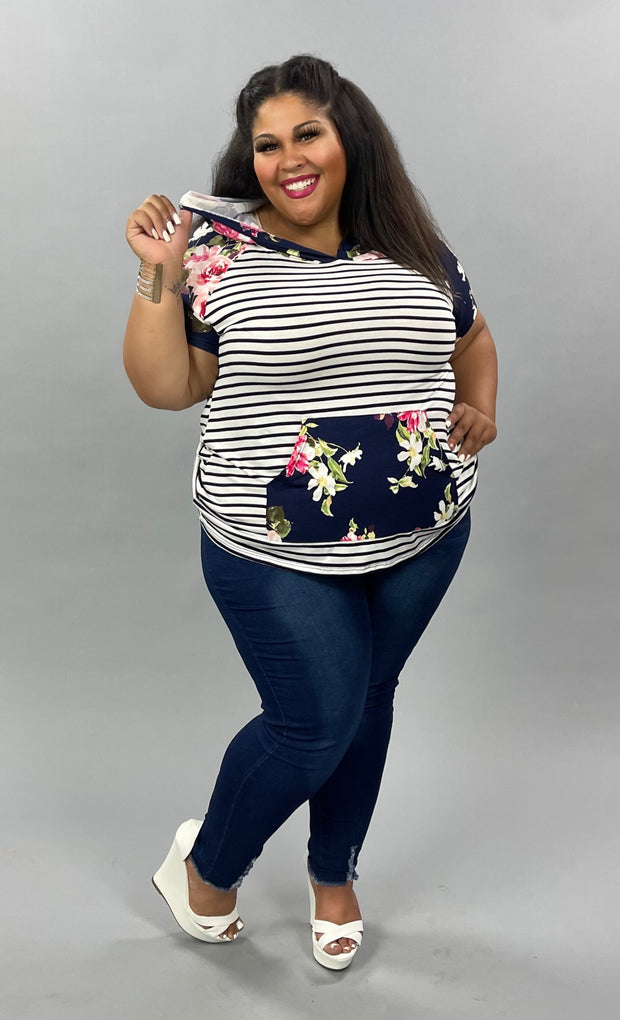 66 CP-K {Focus On Me} Navy Floral Striped Contrast Hoodie PLUS SIZE 1X 2X 3X