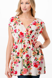 76 PSS-R {Blushing Bouquet} Ivory Floral V-Neck Top PLUS SIZE 1X 2X 3X