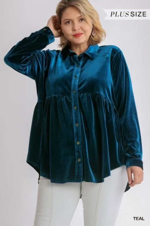 16 SLS-P {Romance Is Back} Umgee Teal Velvet Babydoll Top
